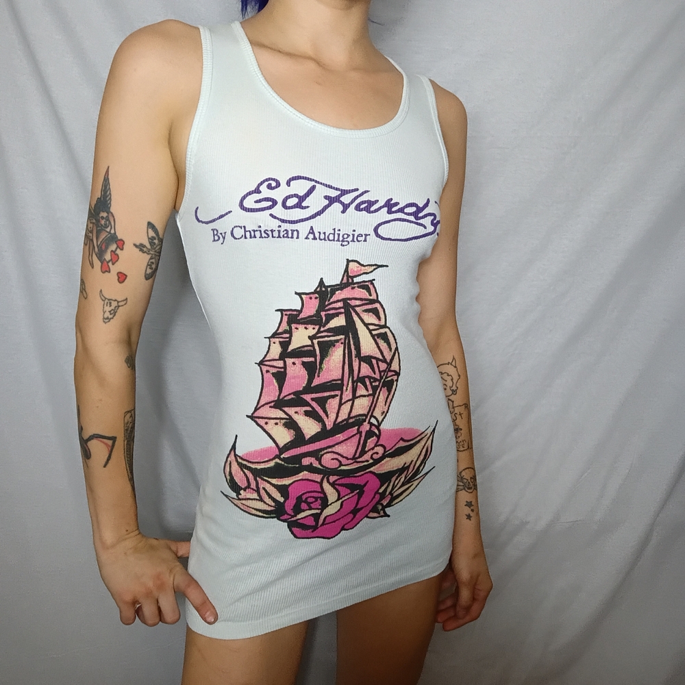 Ed Hardy Women's White and Pink Mini Dress